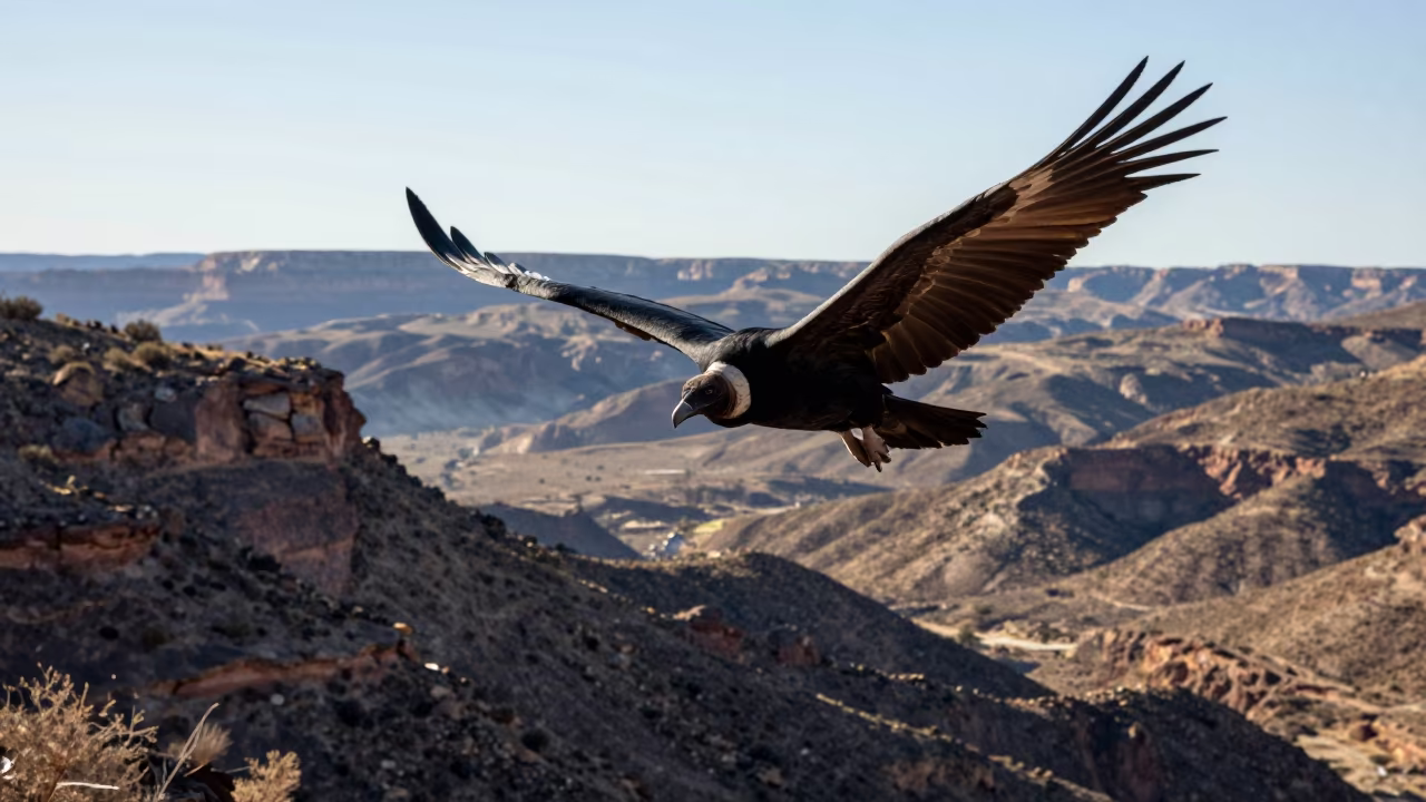 Andean Condor Soaring Over Arizona Canyon Ridge in on a wind-scoured ridge in Arizona
