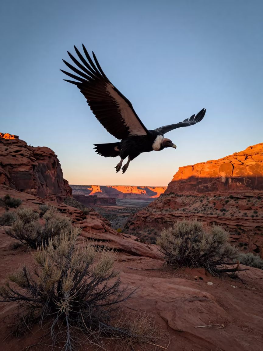 Andean Condor Soaring Over Arizona Canyon at Sunset in along a game trail in Arizona