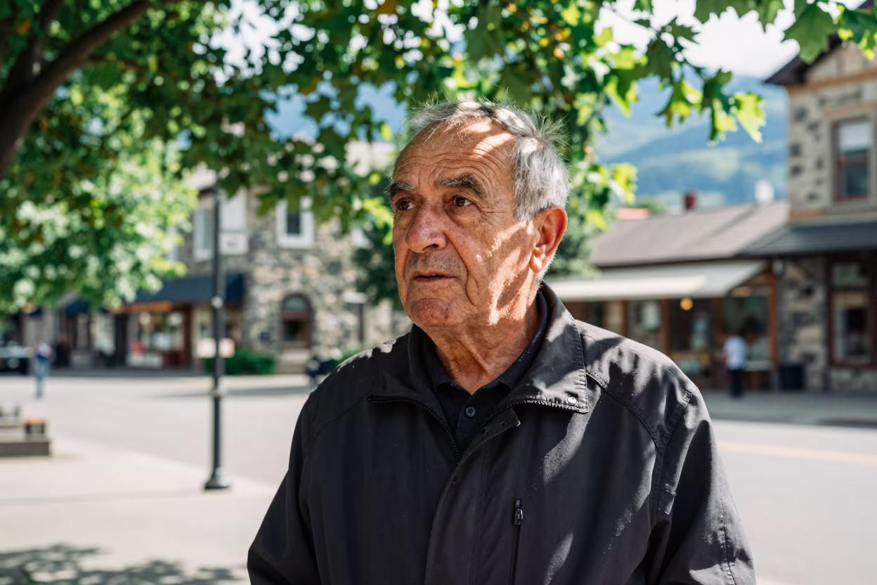 Conductor Portrait in Dappled Kelowna Light in at a public square in Kelowna