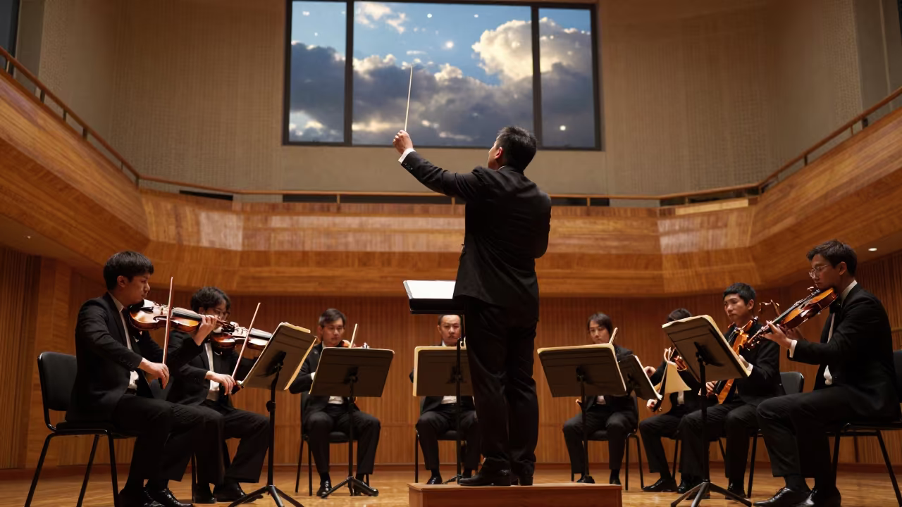 Conductor Raising Baton at Dawn in Changsha Hall in in a concert hall in Changsha