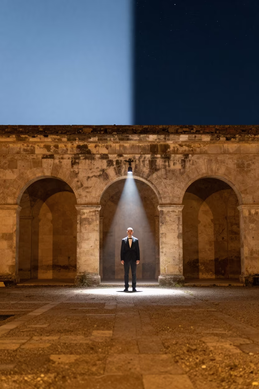 Conductor Under Spotlight Before Stone Archway in on a festival main stage in 6th of October