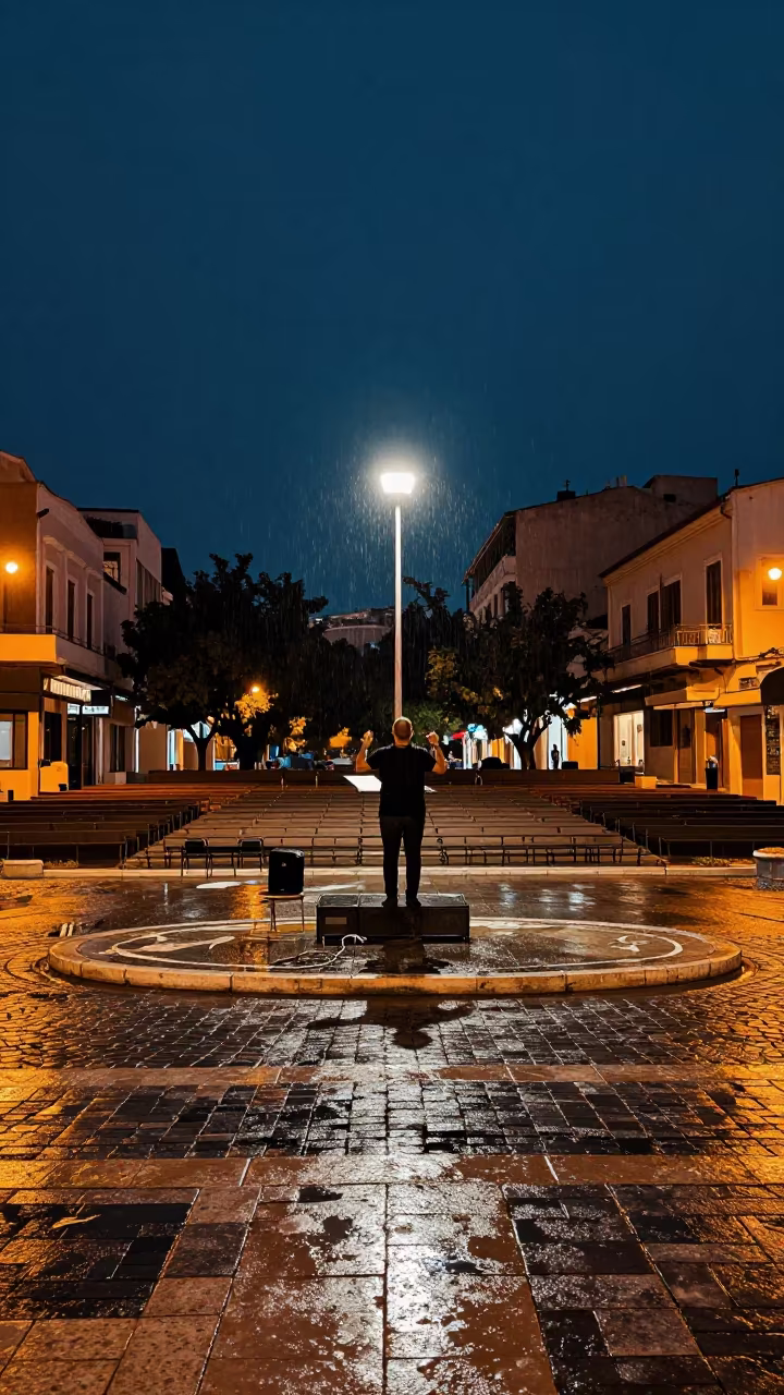 Conductor Under Tungsten Light in Thisio Athens Night in at a street corner busking spot in Thisio, Athens
