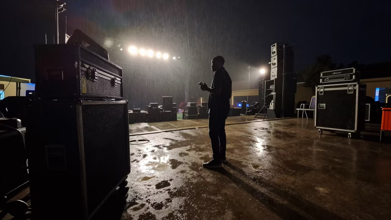 Conductor Under Tungsten Light Near Amp Stack in on a dimly lit stage in Omdurman