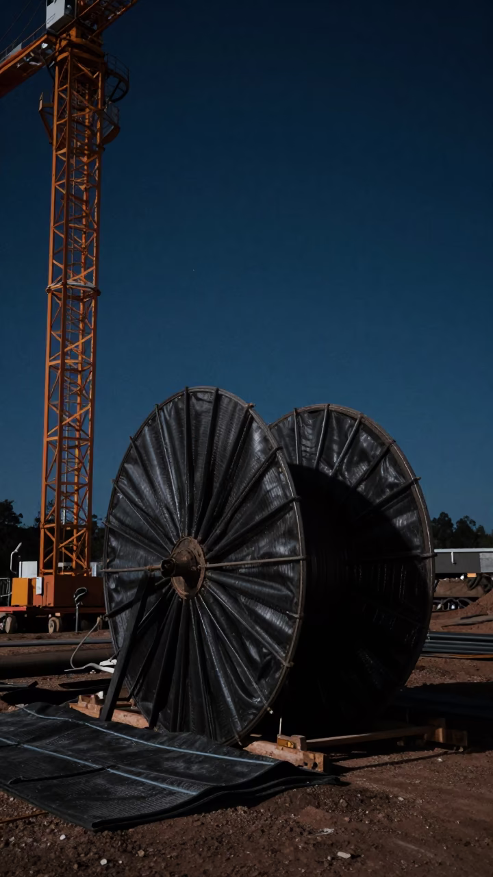 Conduit Reel Under Crane in Papua at Midnight in beneath a tower crane on open ground in Papua
