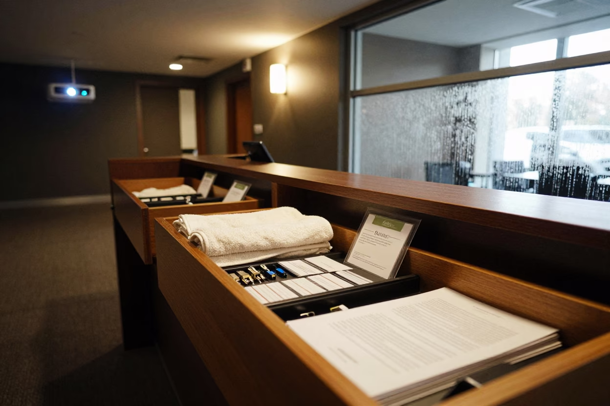 Conference AV Dongle Drawer Under Warm Corridor Light in at a reception desk under warm light near Taoyuan