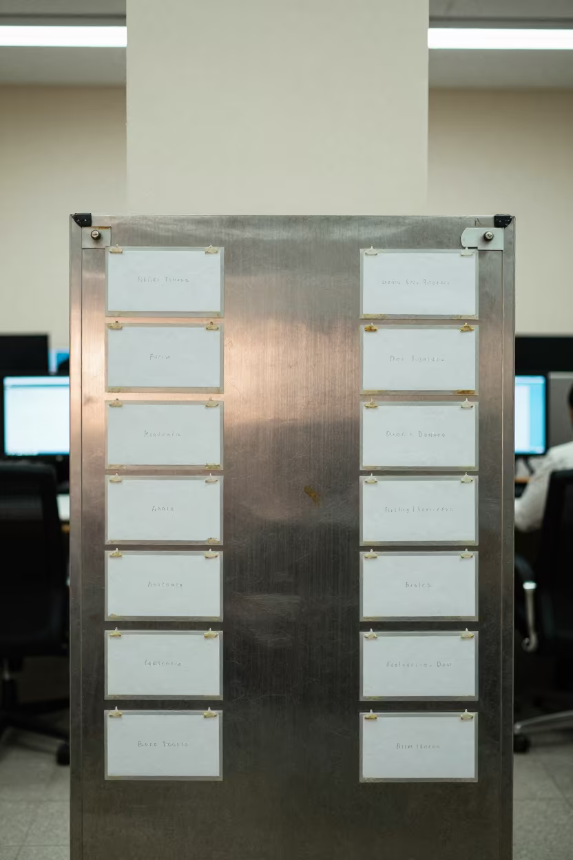 Conference Catering Board Under Office Lights in in an operations center under monitor glow near Deir ez-Zor