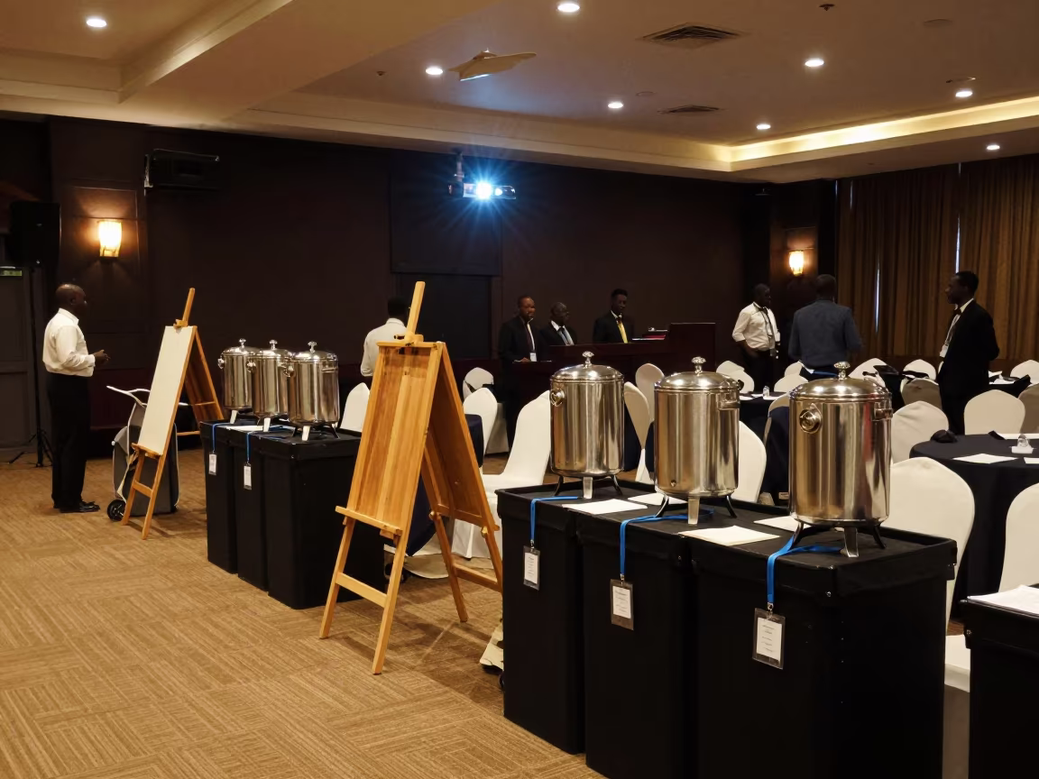Conference Foyer Registration Setup Kigali Night in inside a banquet hall before service in Kigali