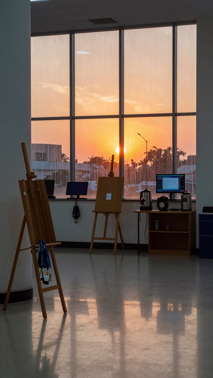 Conference Foyer Sunset Glow in Kano in in an operations center under monitor glow in Kano