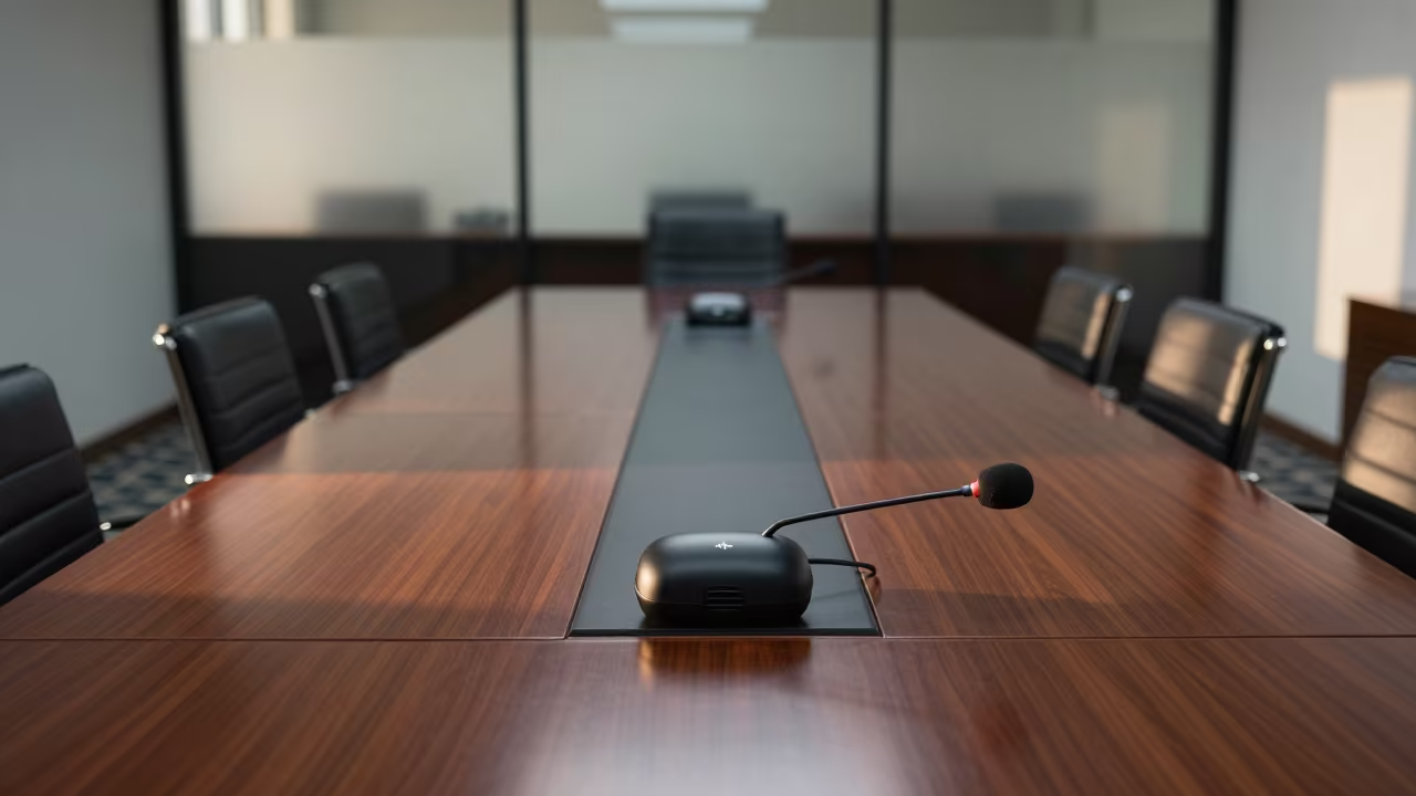 Conference Mic Case on Boardroom Table Before Dawn in at a boardroom table before a meeting near Kisangani