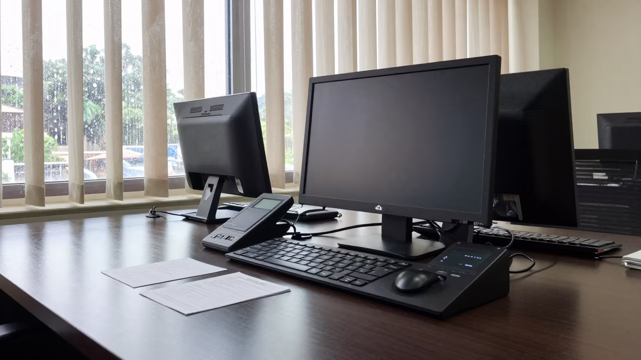 Conference Speakerphone Tray in Douala Operations Center in in an operations center under monitor glow near Douala