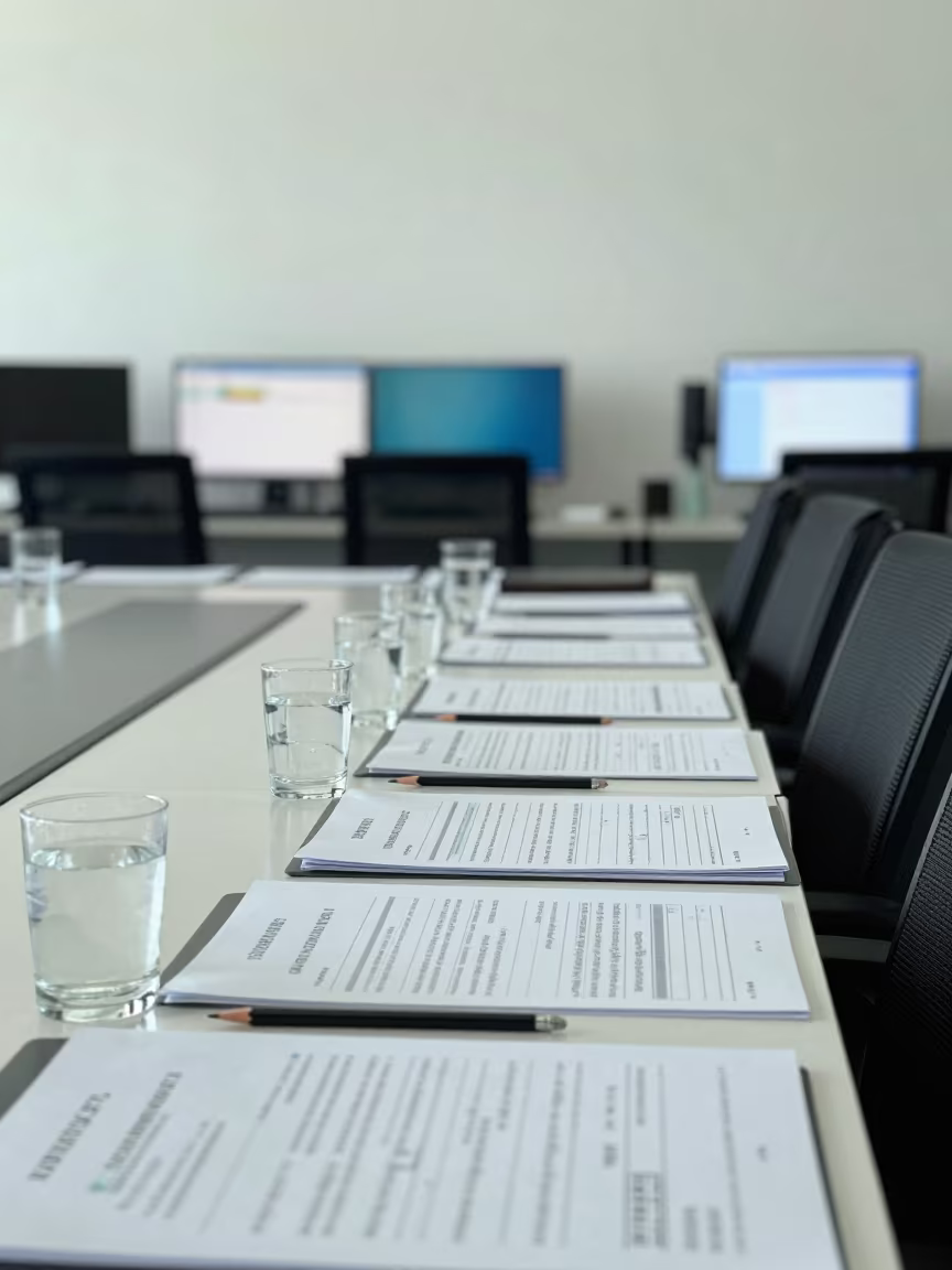 Conference Table Agendas and Water in Yogyakarta Office in in an operations center under monitor glow in Yogyakarta