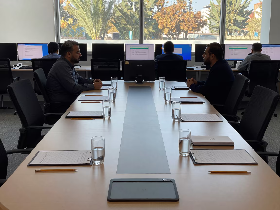 Conference Table in Nasiriyah Operations Center in in an operations center under monitor glow in Nasiriyah