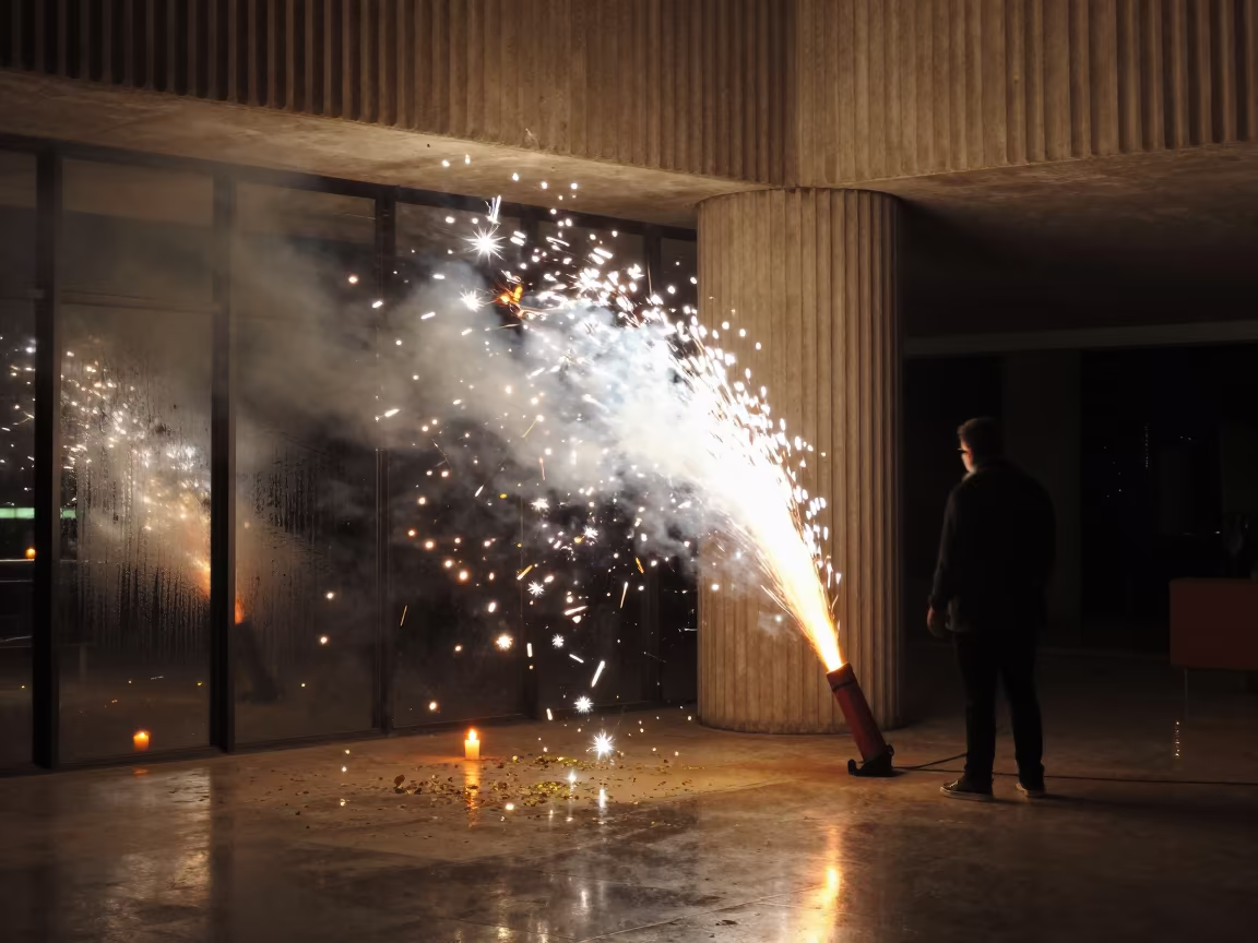 Confetti Motion Blur in Santo Domingo Lobby in inside a ribbed concrete lobby in Santo Domingo