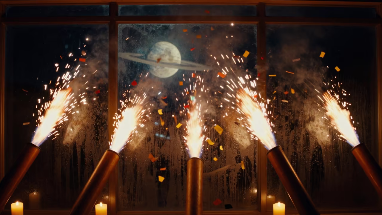 Confetti Storm Under Ringed Planet at Midnight in inside a glass-roofed arcade near Abiko