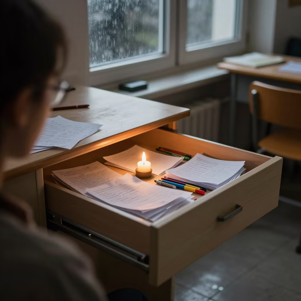 Confiscated Notes and Pens in Bolu Classroom Drawer in inside an art classroom in Bolu