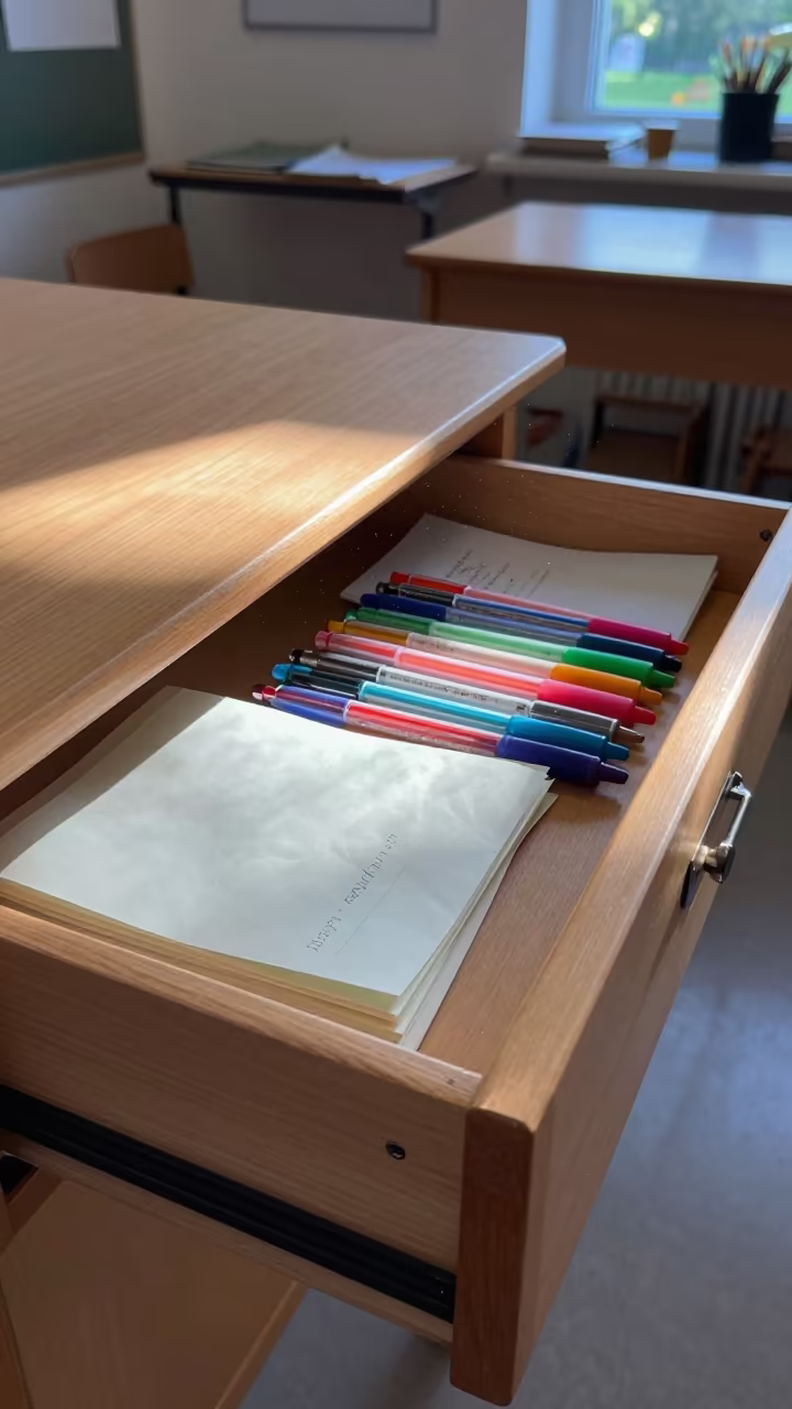 Confiscated Notes and Pens in Neon Light in inside an art classroom in Sandvika