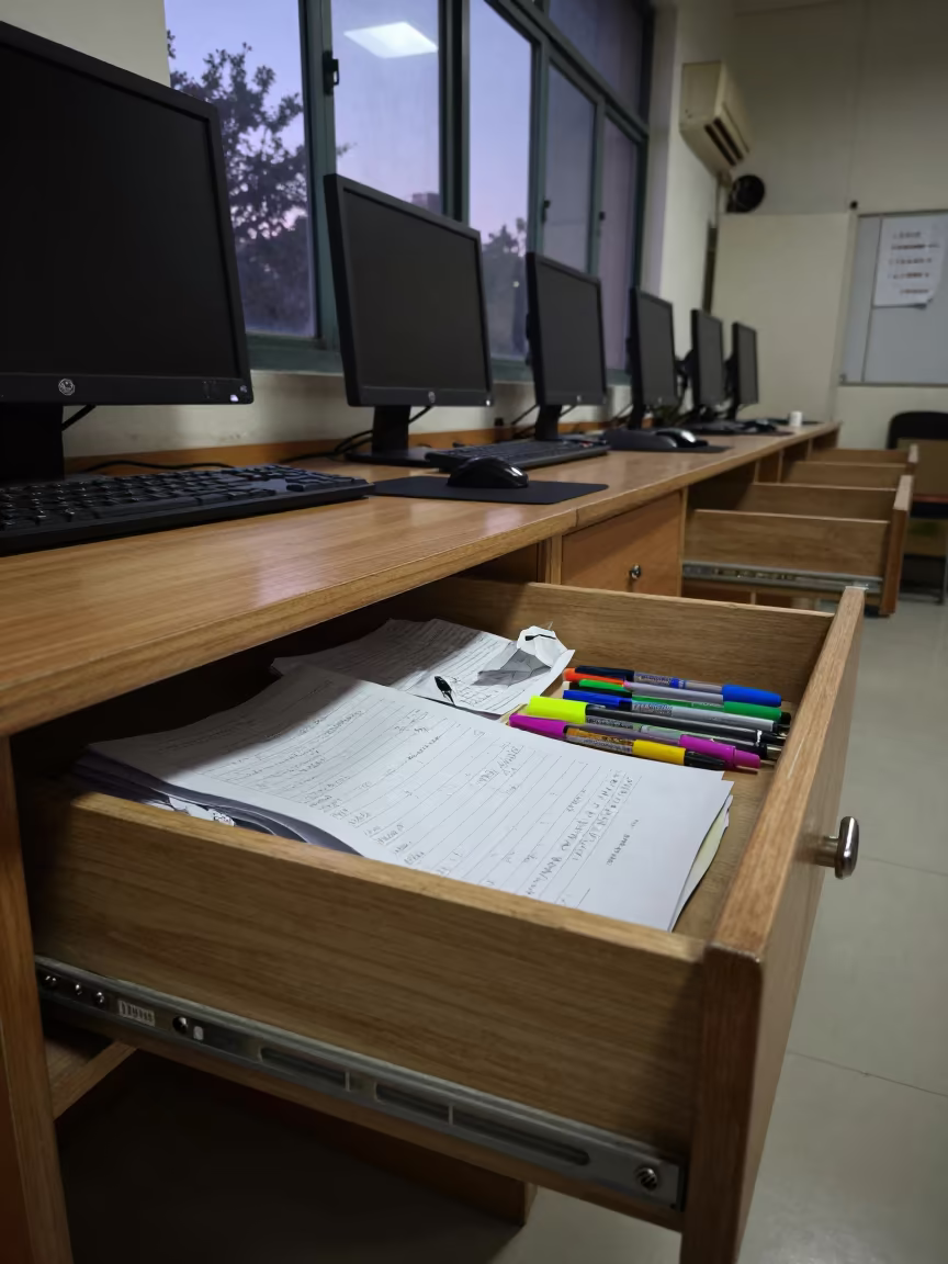 Confiscated Notes and Pens in Teacher Desk Drawer in in a computer lab before lessons near Amritsar