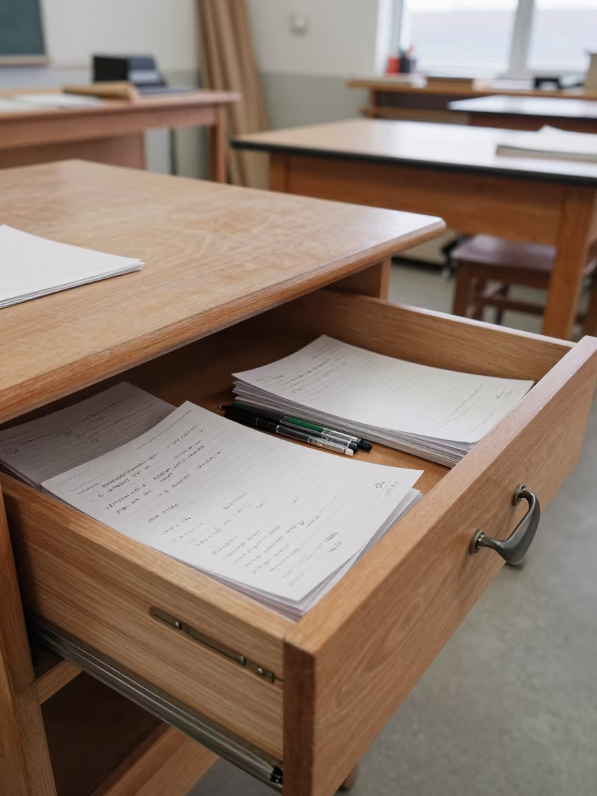 Confiscated Notes and Pens in Woodshop Drawer in in a woodshop classroom near Lobamba