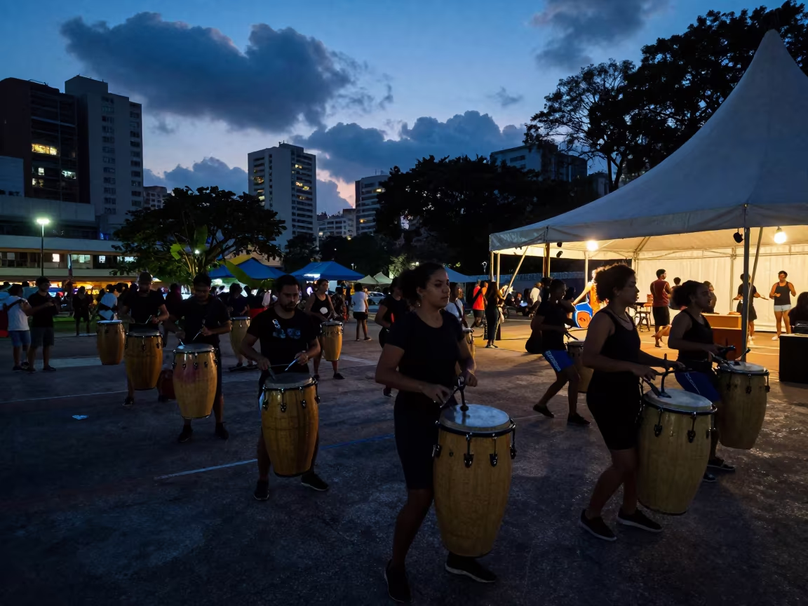 Conga Drummer Leads Dancers Under Circus Tent in under a circus tent in São Paulo
