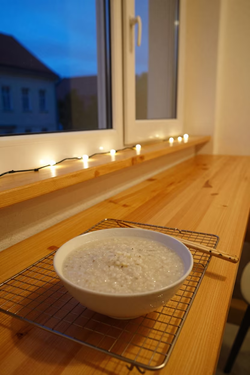 Congee Bowl on Bakery Rack in Twilight in on a bakery cooling rack in Košice