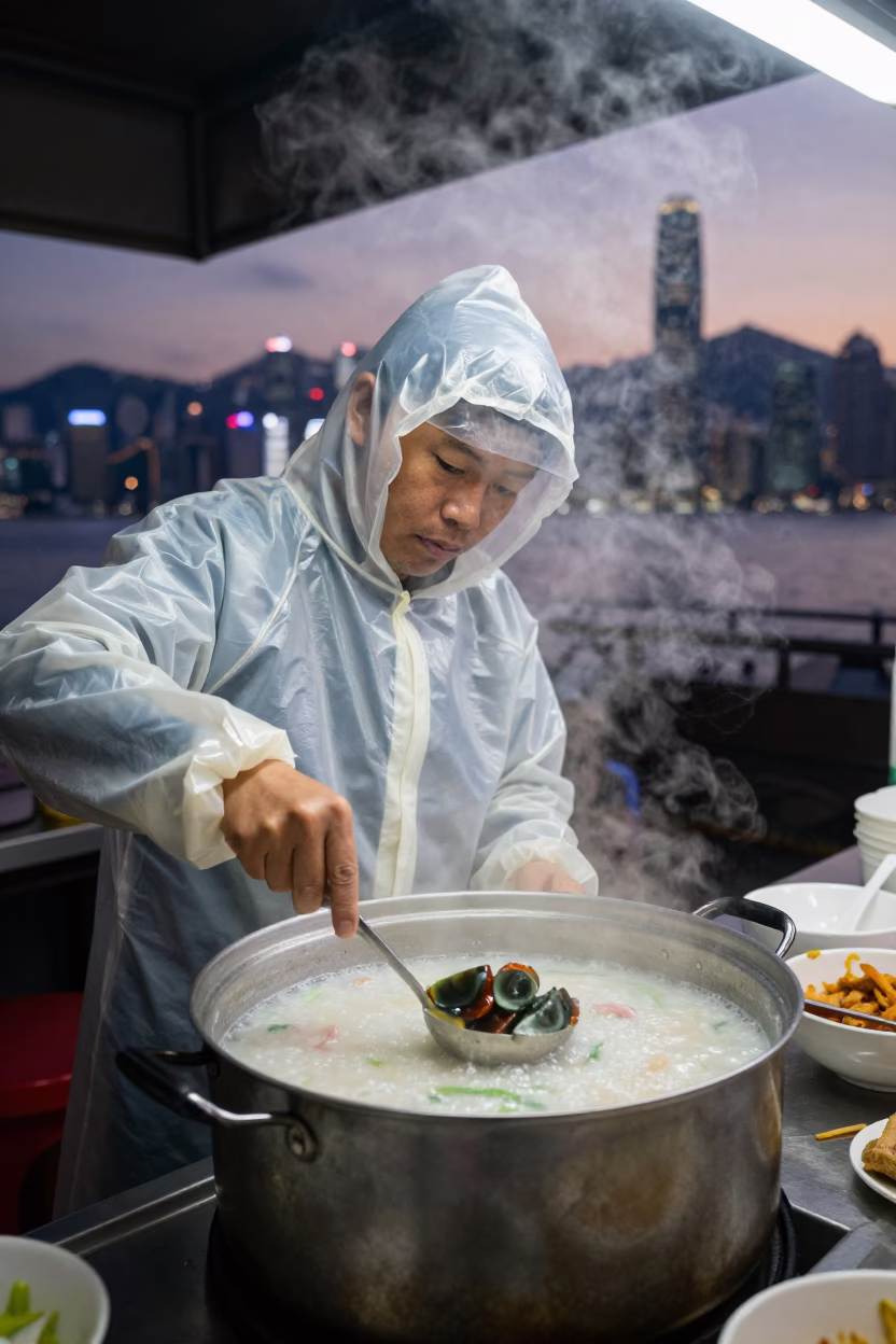 Congee Service in Hong Kong at The Still Hours Before Dawn Light in in Hong Kong, Hong Kong