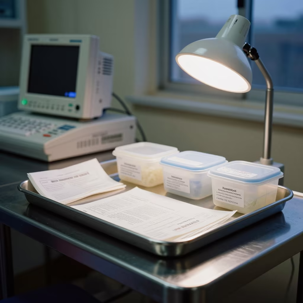 Consent Sticker Tray Under Blue Evening Light in at a nurse station under monitor glow in Kandhkot