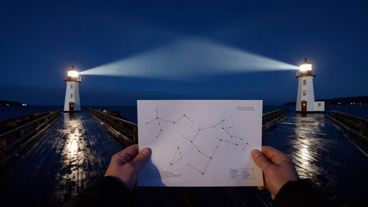 Constellation Chart Held Against Midnight Newfoundland Sky in from a moonlit breakwater in Newfoundland