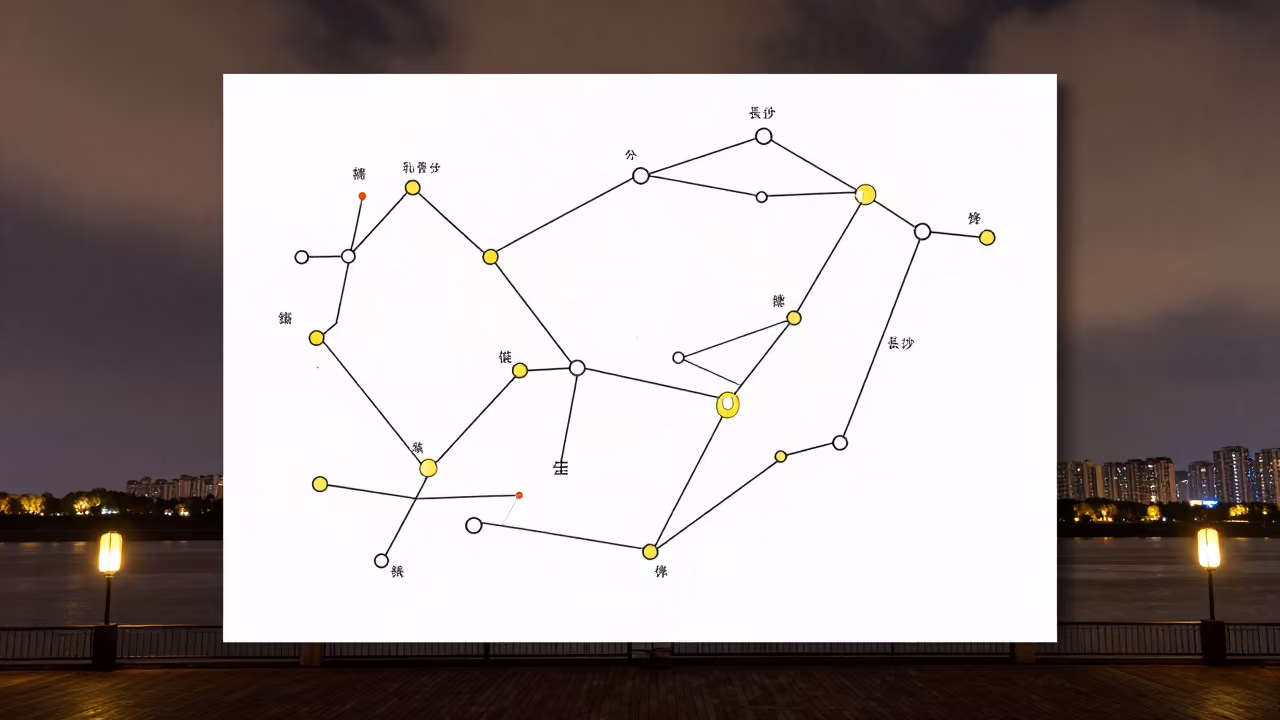 Constellation Chart Held Against Winter Night Sky in beside a lantern-dotted harbor near Changsha