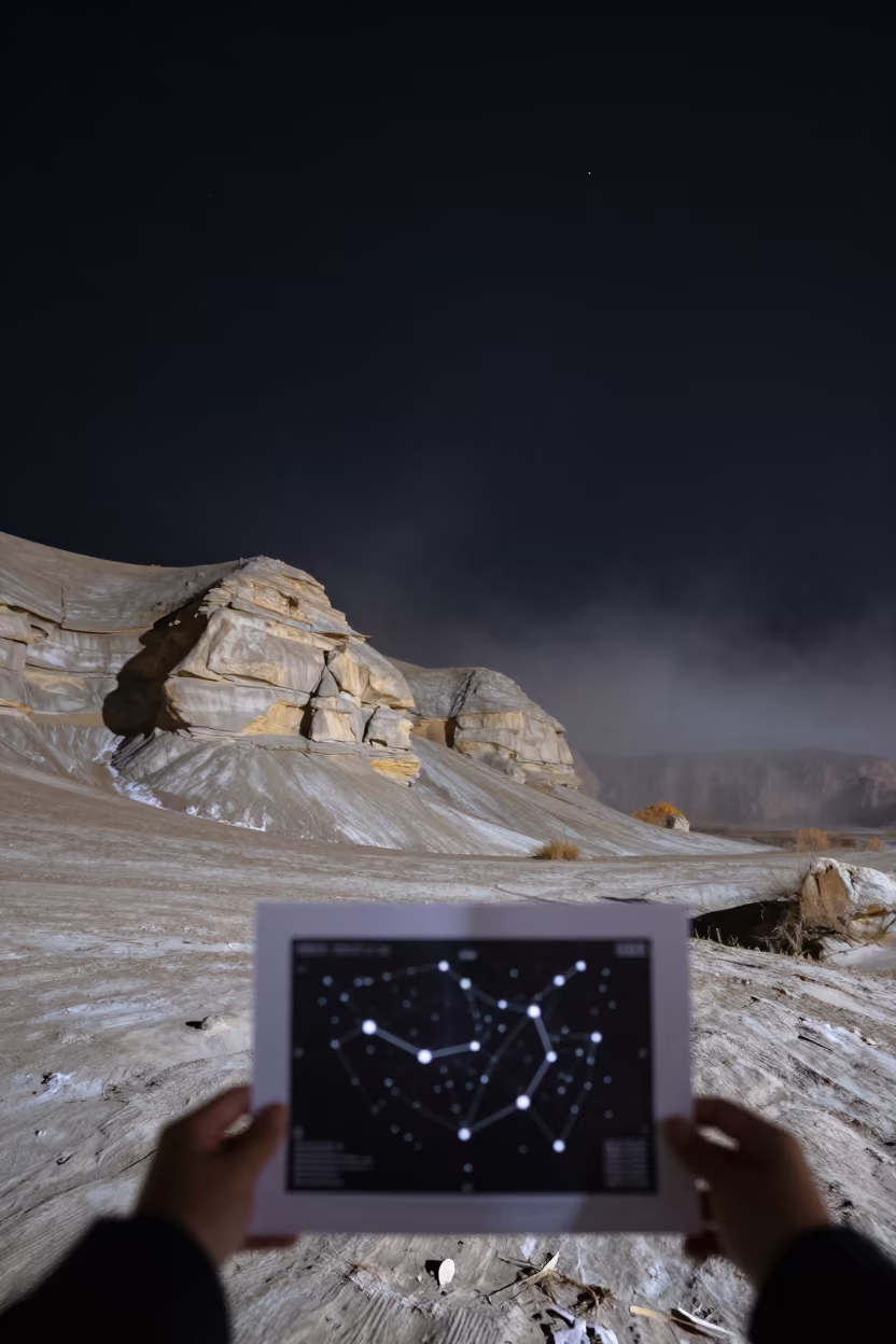 Constellation Chart Against Hunan Desert Night Sky in beneath a wind-cut desert escarpment in Hunan