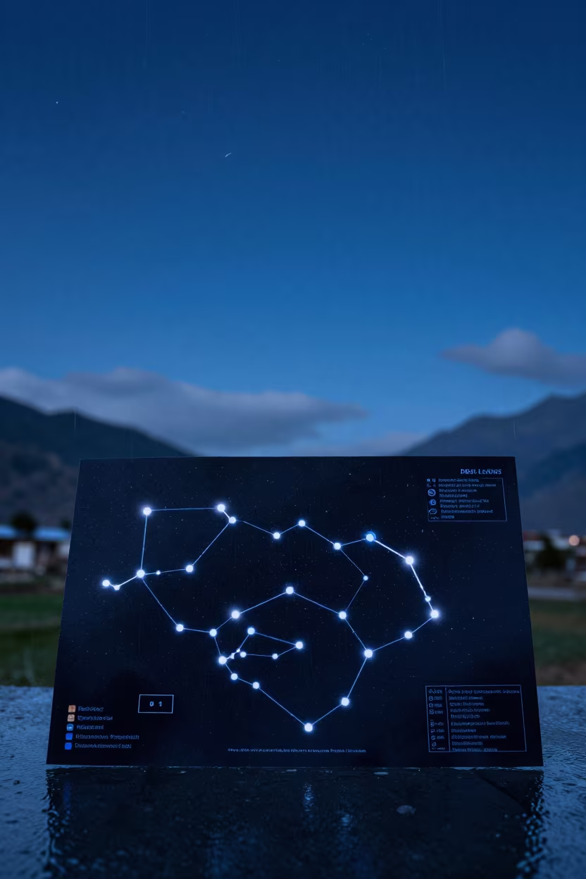 Constellation Chart Against Twilight Sky in beneath thin cloud gaps and stars in Himachal Pradesh
