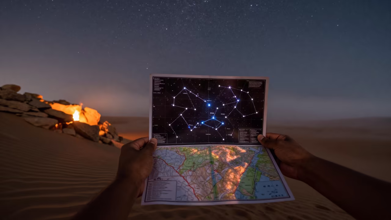 Constellation Chart Under Desert Night Sky in beneath a wind-cut desert escarpment near Mysore