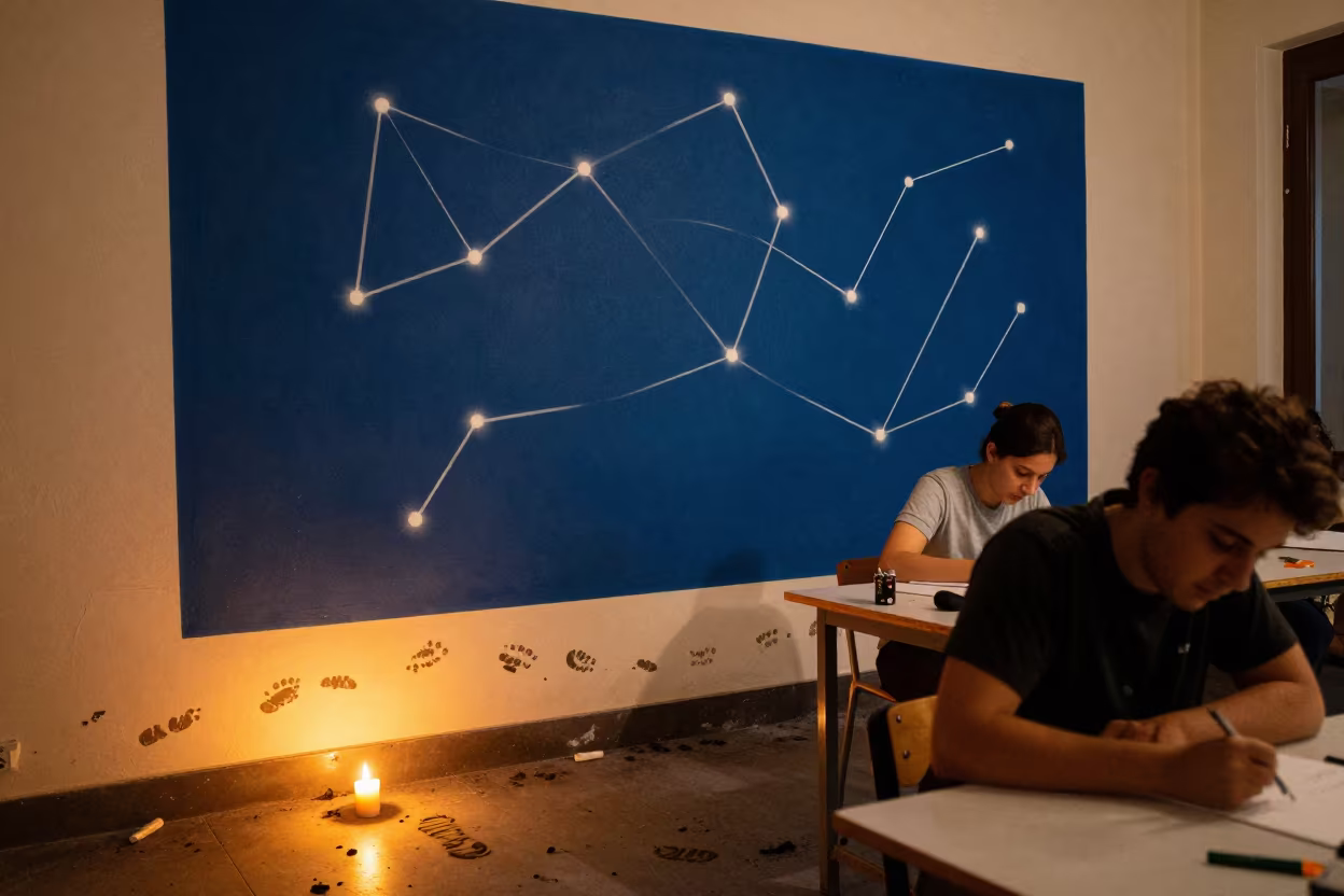 Constellation Mural and Footprints in Naples Classroom in inside an art classroom in Spaccanapoli, Naples