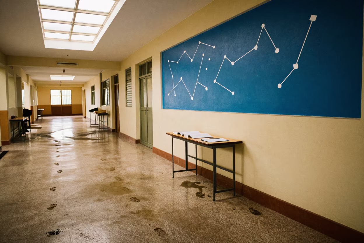 Constellation Mural Above Muddy Footprints in Libreville School in at a seminar table covered in notes in Libreville