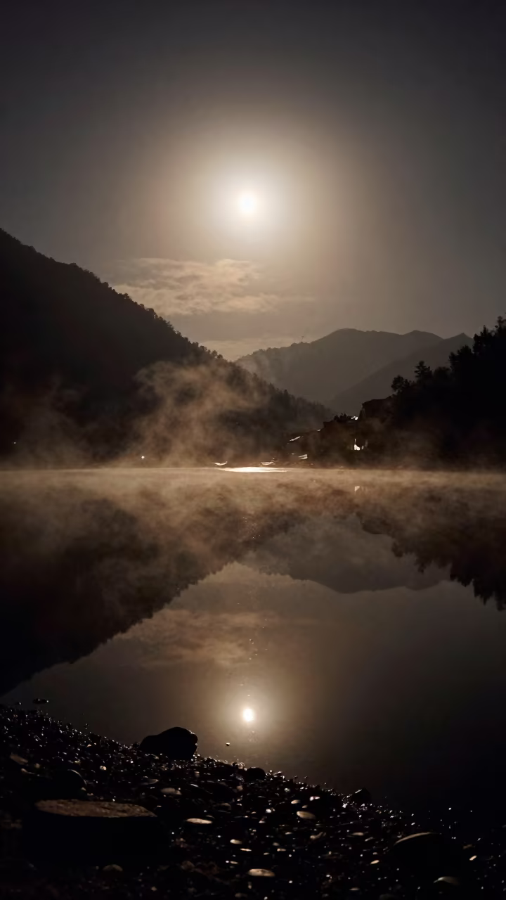Constellation Reflection in Uttarakhand Mountain Tarn in along a dark shoreline with tidal glow in Uttarakhand