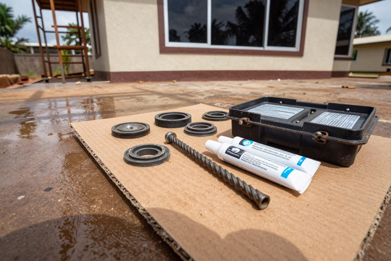 Construction Anchor Case with Tools on Ground in beside a framed building shell in Zambia
