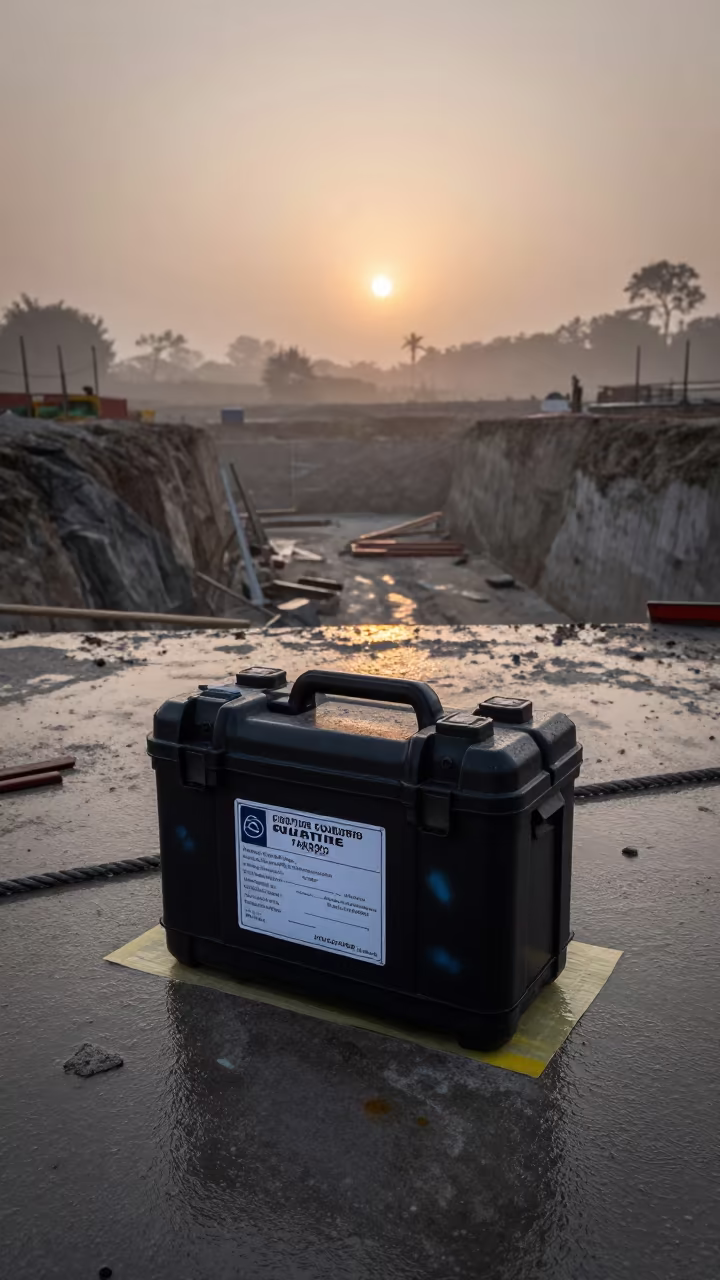Construction Battery Caddy at Guatire Dawn Fog in inside a taped-off excavation edge in Guatire