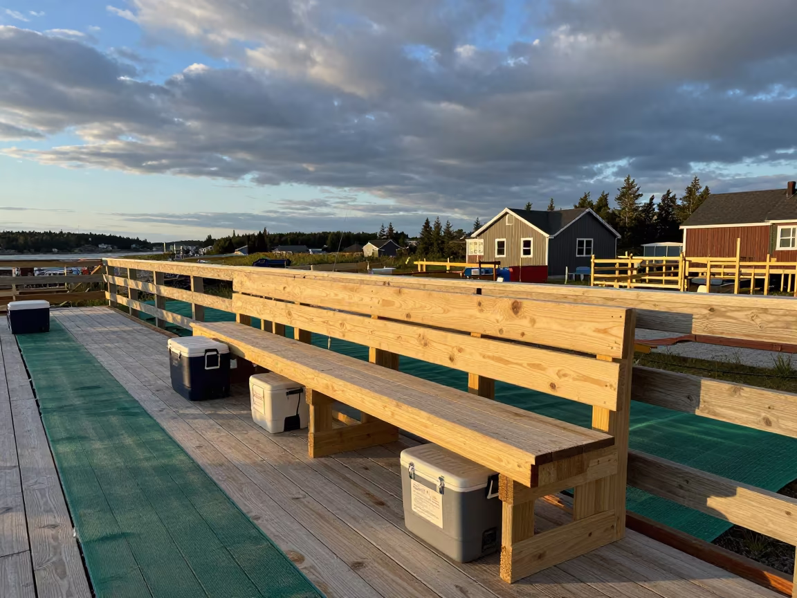 Construction Bench Lunch Gear Nova Scotia Dawn in on an active construction deck in Nova Scotia