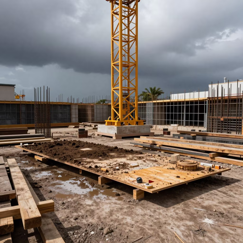 Construction Board Under Crane in Mar del Plata in beneath a tower crane on open ground near Mar del Plata