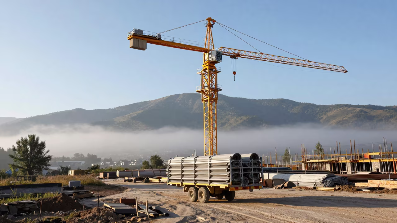 Construction Cart Beneath Tower Crane in Sibiu in beneath a tower crane on open ground near Sibiu