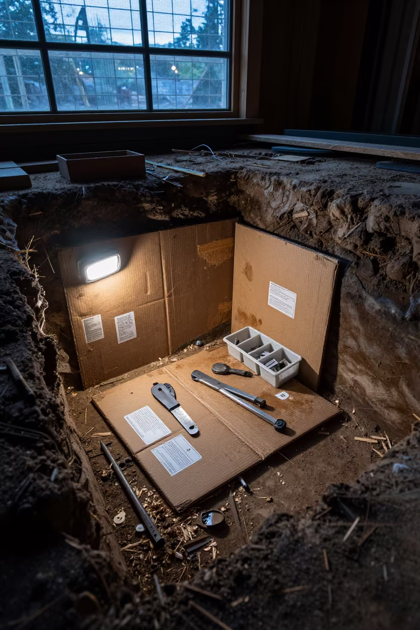 Construction Cartons at Dawn in Washington Excavation in inside a taped-off excavation edge in Washington