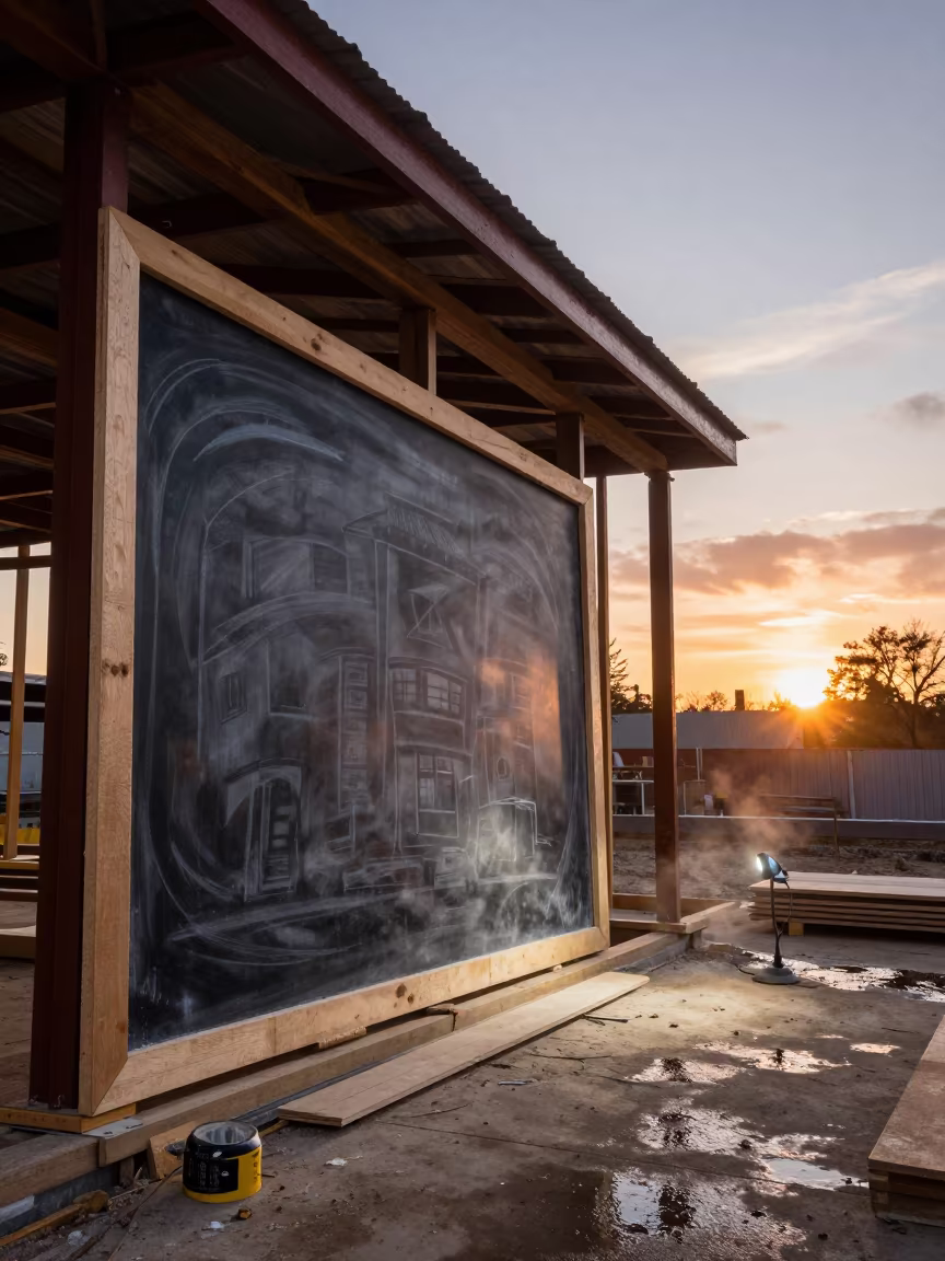 Construction Chalkboard at Sunset with Wet Surfaces in beside a framed building shell in Alexandria