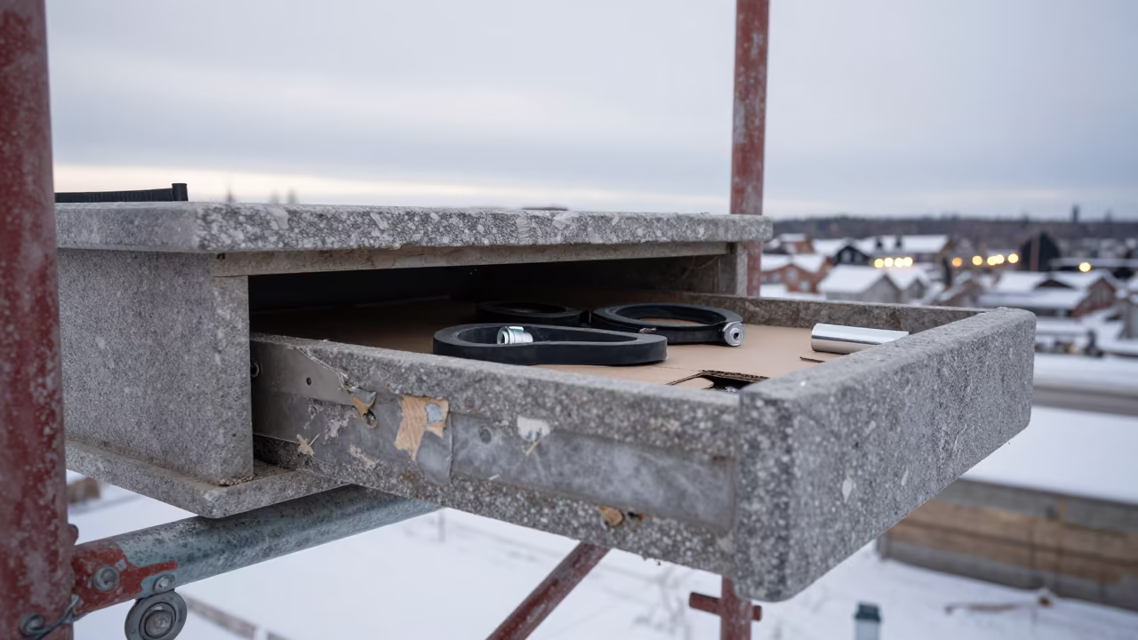 Construction Clip Drawer on Scaffold in Winter Alberta in along a scaffolded facade in Alberta