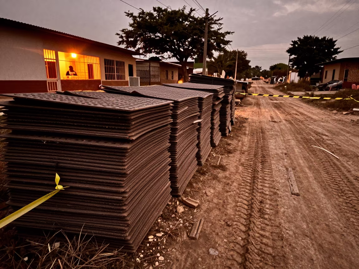 Construction Cover Stack Before Dusk in Higüey in at a muddy site access road in Higüey