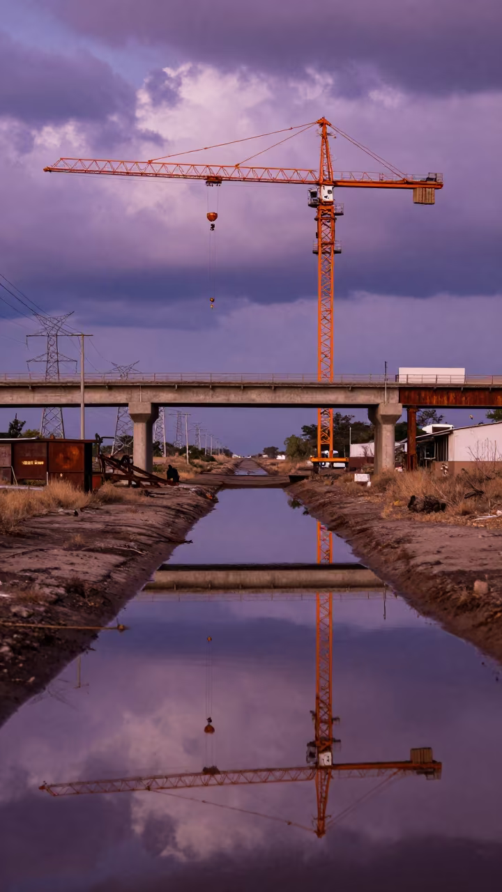 Construction Crane Reflected in Dusk Puddle Under Overpass in under gantries and utility towers near Santa Cruz de la Sierra