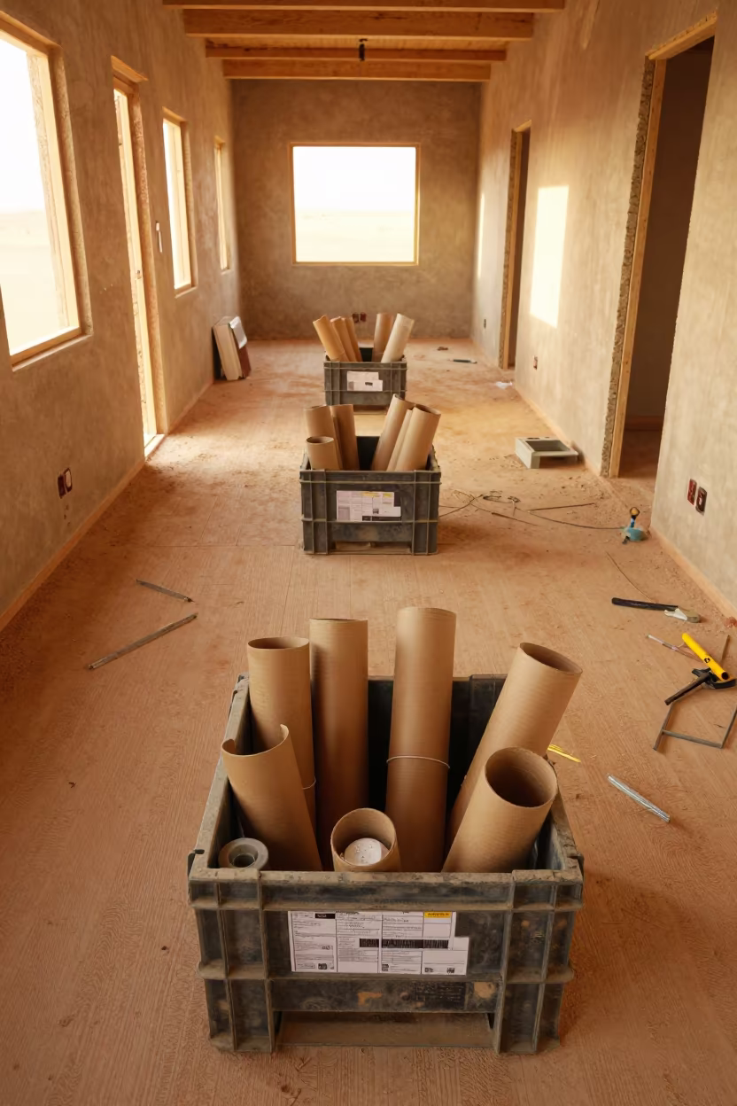 Construction Crate Under Golden Hour Light in Sahara Room in in a mechanical room under buildout in the Sahara