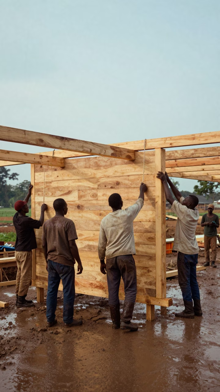 Construction Crew Lifts Wall Sections on Uyo Road in at a muddy site access road in Uyo