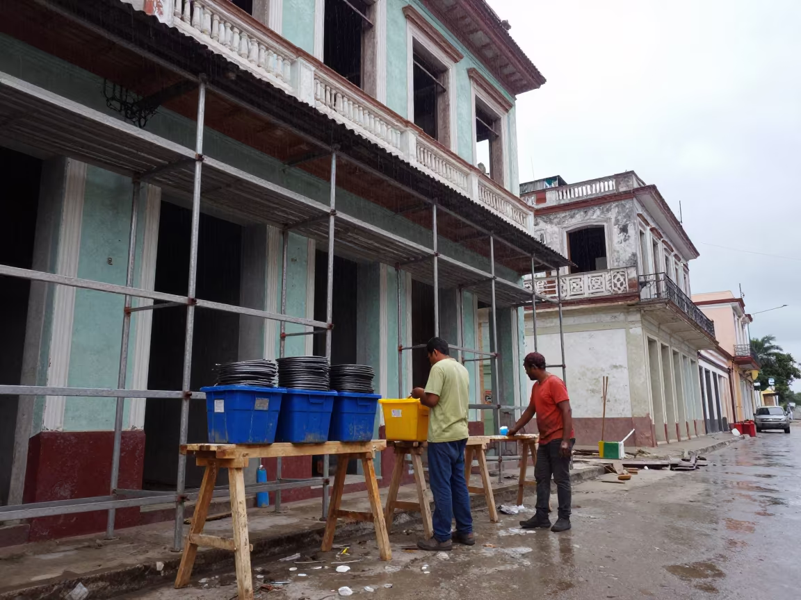 Construction Crew Station Cuba Scaffold in along a scaffolded facade in Cuba