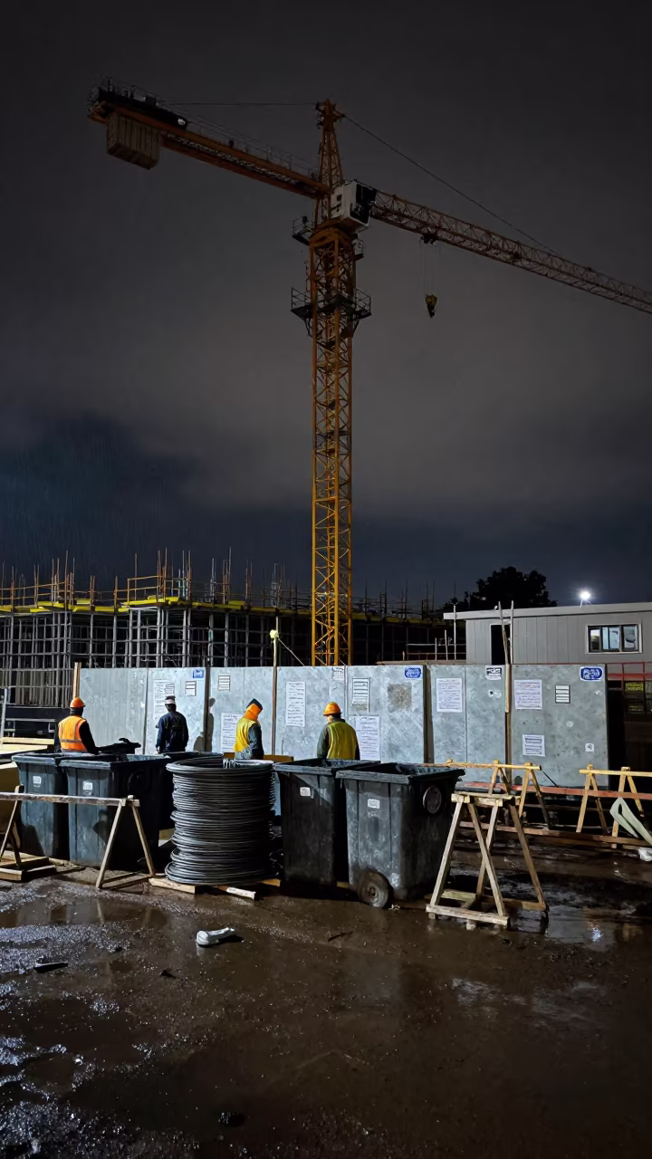 Construction Crew Station Night Rain Yola in beneath a tower crane on open ground near Yola