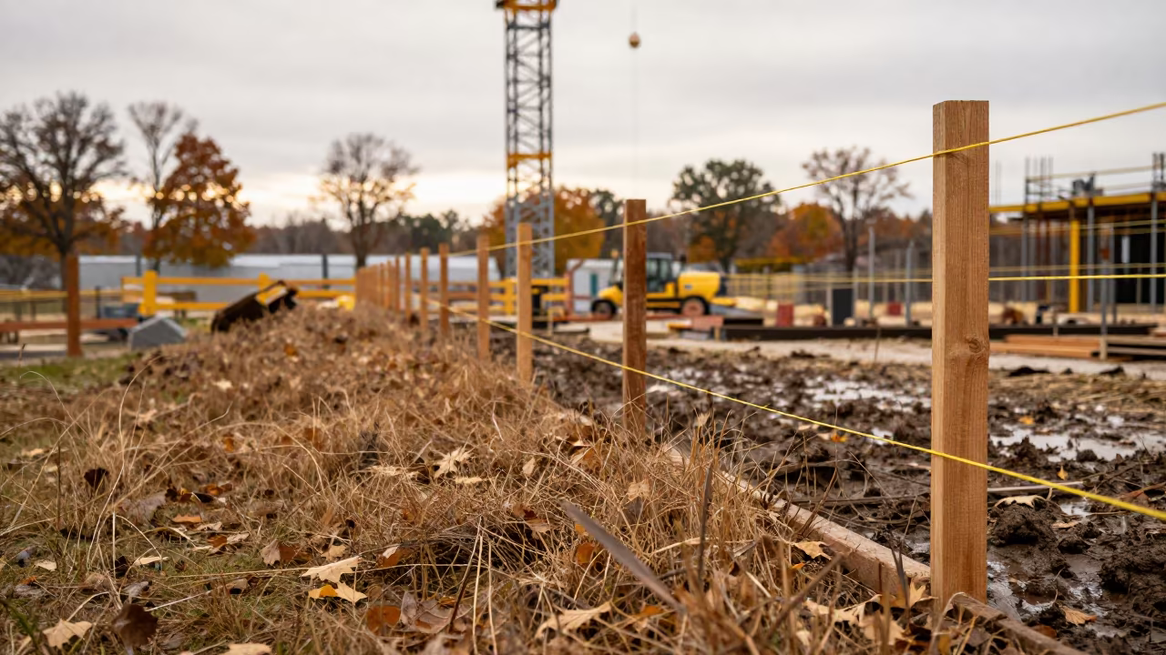 Construction Curb Line Under Tower Crane in beneath a tower crane on open ground in Wisconsin