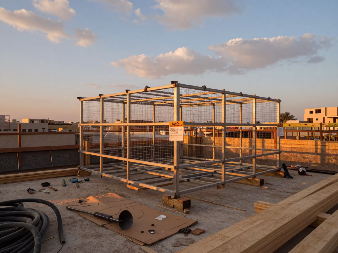Construction Deck Heat Duct at Sunset in on an active construction deck in Muscat
